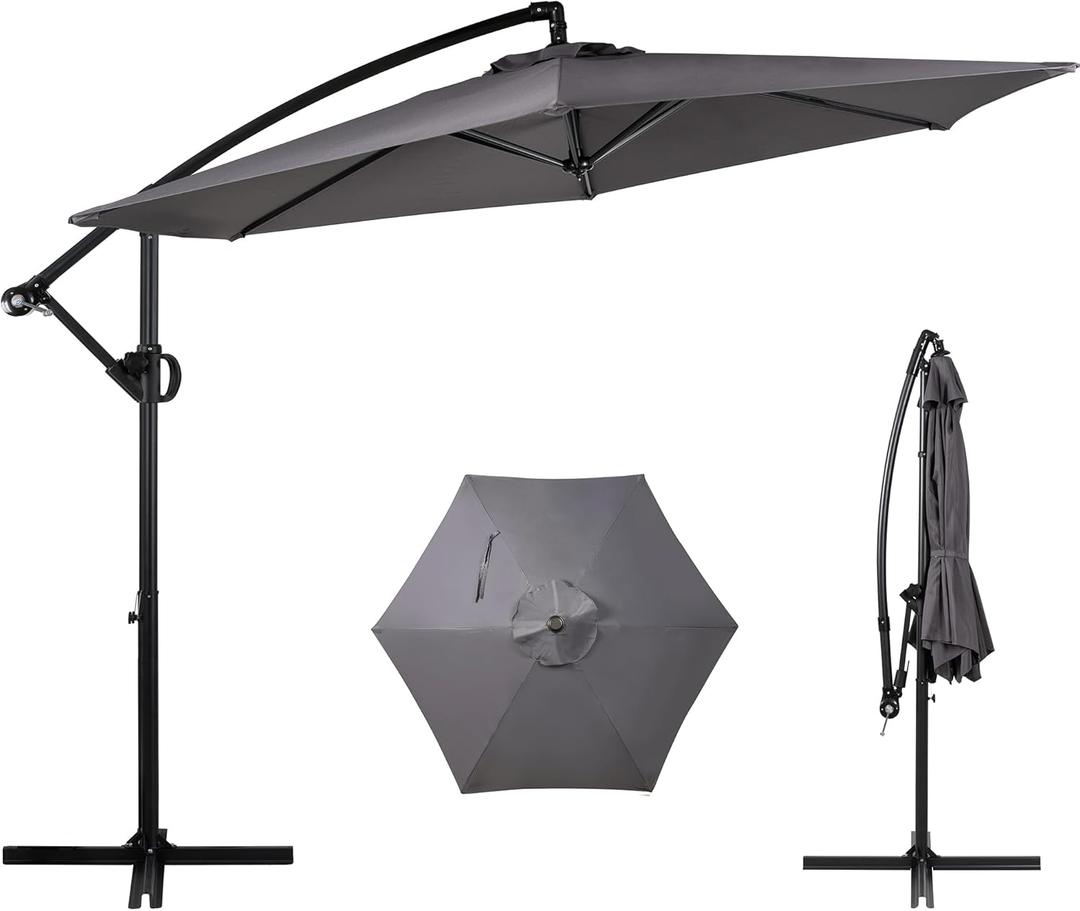 Shintenchi Patio Offset Umbrella With Easy Tilt Adjustment, Crank and Cross Base, Outdoor Cantilever Hanging Sunshade Canopy, Dark Gray