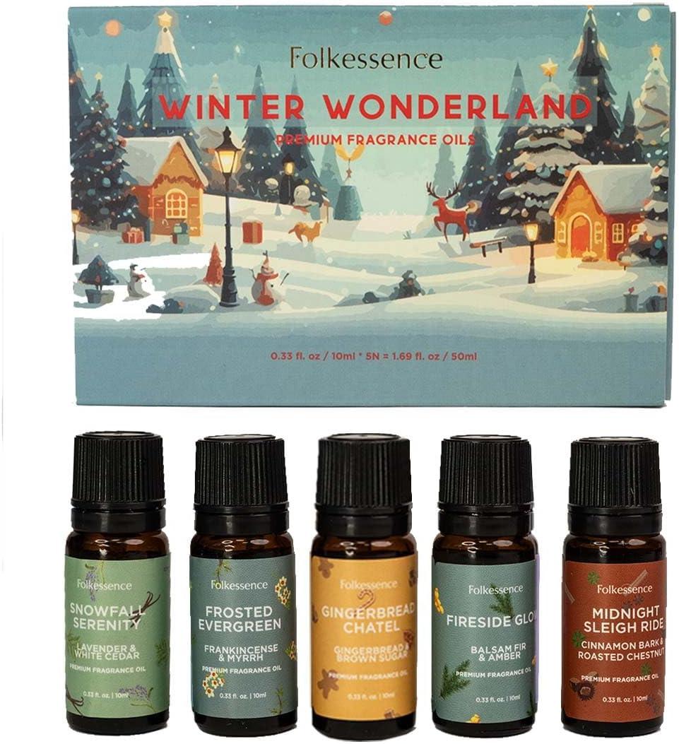 Folkulture Winter Wonderland Essential Oils Set for Diffuser | Set of 5 Romantic Fragrance Oils | Gingerbread, Frankincense, Cinnamon & Lavender | Valentines Day Home Fragrance Gift