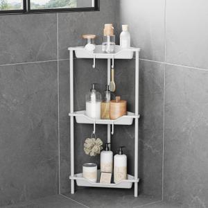 3 Tier Corner Shower Caddy Standing Floor Standing Corner Shower Caddy Organizer Shower Table Plastic Metal Splicing Shelf Storage Rack for Bathroom White- Rustproof