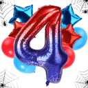 Spider Themed Birthday Balloons Set, 47in Giant Foil Spider Web & 4pcs Star & 4pcs Round Red Blue Balloons Ideal Birthday Cartoon Theme Party Decorations and Favors(Number 4)