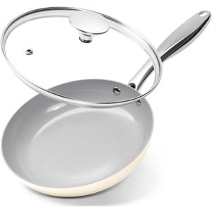 MICHELANGELO Frying Pans Nonstick with Lid - 8 Inch Small Frying Pan, Non Toxic Ceramic Pan with Lid, Non Stick Small Skillet for All Stovetops, Beige