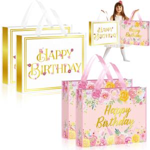 Kajaia 4 Pcs Extra Large Birthday Gift Bags 20 x 16 Inch Jumbo Floral Gift Bag Large Tote with Handles Reusable Non Woven for Women Birthday Baby Shower Party Favor Supplies