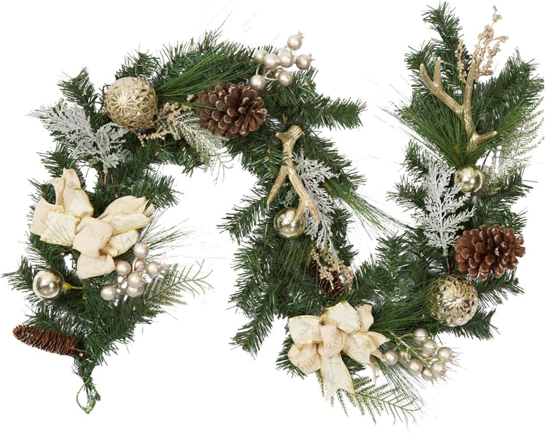 6 Feet Pre-lit Christmas Garland with Lights for Mantle, Lighted Battery Operated Outdoor Xmas Garland with 20 LED Gold Balls Pine Cones Antlers for Fireplace Front Door Stair Railing Decor