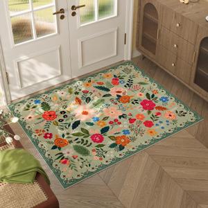 Rugcomf Door Mat Indoor Entrance 2x3 Rug Machine Washable Boho Floral Small Area Rug Non-Slip Low Pile Throw Rugs for Entryway, Kitchen, Front Door Indoor Entrance, Entry, Kids Room (Green)