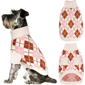 KYEESE Dog Sweater Warm Small Dog Sweater with Long Sleeve Thick Dog Coats Comfy Dog Clothes Turtleneck Diamond Plaid Dog Sweater for Small Dog, Beige, Small