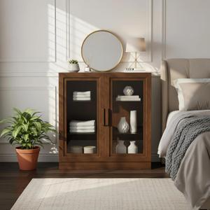 Casaphoria Buffet Cabinet with Storage, Farmhouse Sideboard Cabinet with Tempered Glass Doors & 2 Adjustable Shelves, 31" W x 36" H Coffee Bar for Entryway Kitchen Living Room, Walnut