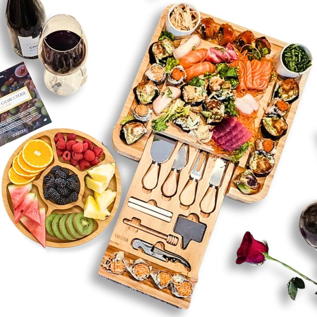 Large Charcuterie Boards Gift Set: Bamboo Cheese Board and Knife Set, Cheese Tray- Unique for Mom, 10 Host Accessories, House Warming, Christmas Gifts New Home, Wedding Gifts for Couple