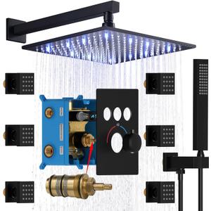 Enga Thermostatic Shower Jets System (Run All Features At Once), 12 Inch LED Rain Shower Wall Mounted with 6 Body Spray Jets and Handheld Shower, Contain Brass Thermostatic Shower Valve, Matte Black