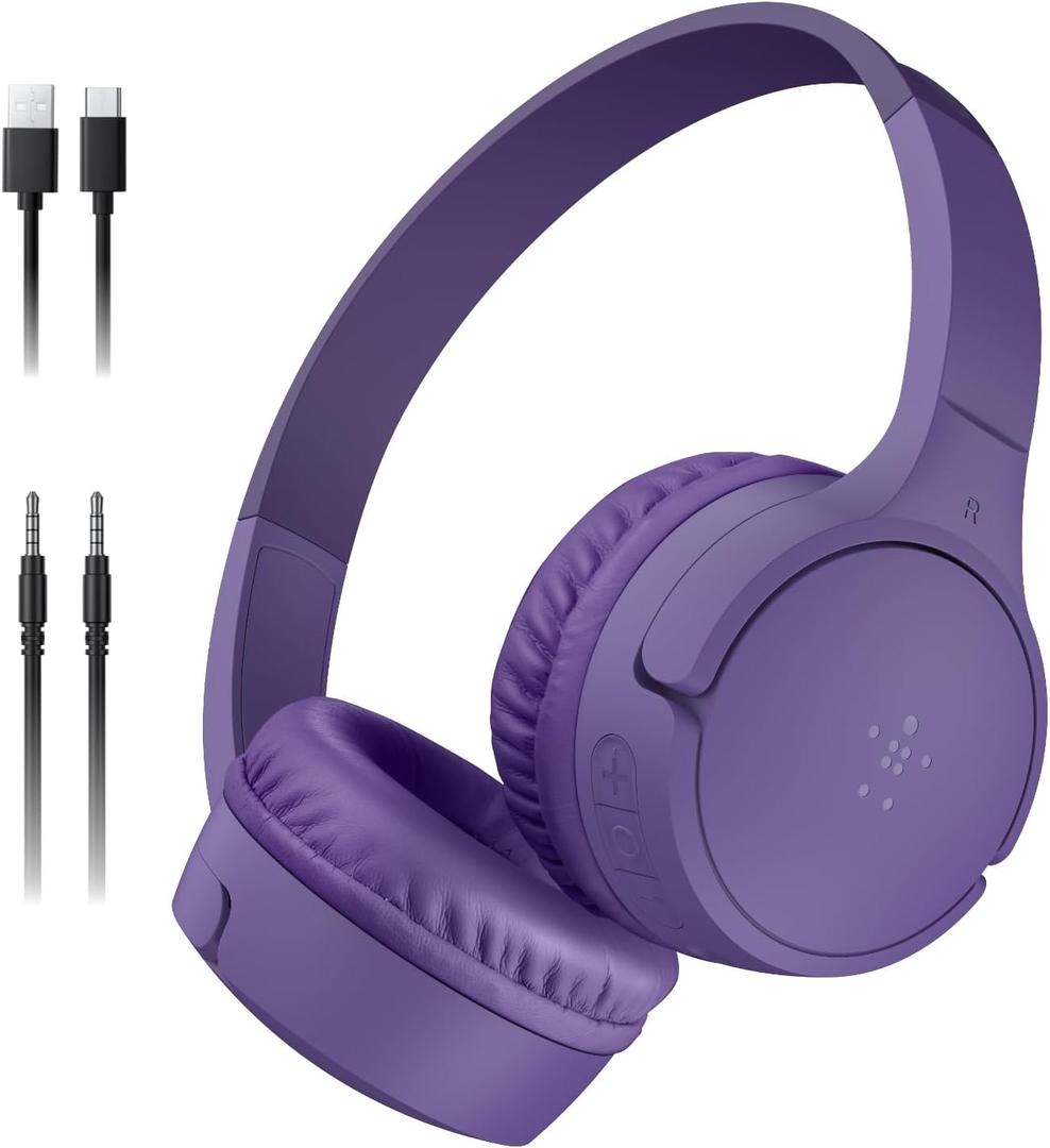 Belkin SoundForm Mini - Wireless Bluetooth Kids Headphones, 30H Battery, 85dB Safe Volume Limit, Built-in Microphone - Toddler On-Ear Earphones for iPhone, iPad, Fire Tablet, Ideal for School - Purple (Without Case)
