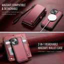 Defencase for iPhone 15 Magnetic Wallet Case Compatible with Magsafe with RFID Blocking Zipper & Card Holder for Women Men, PU Leather Strap Detachable Phone Case for iPhone 15 (6.1 inches), Wine Red