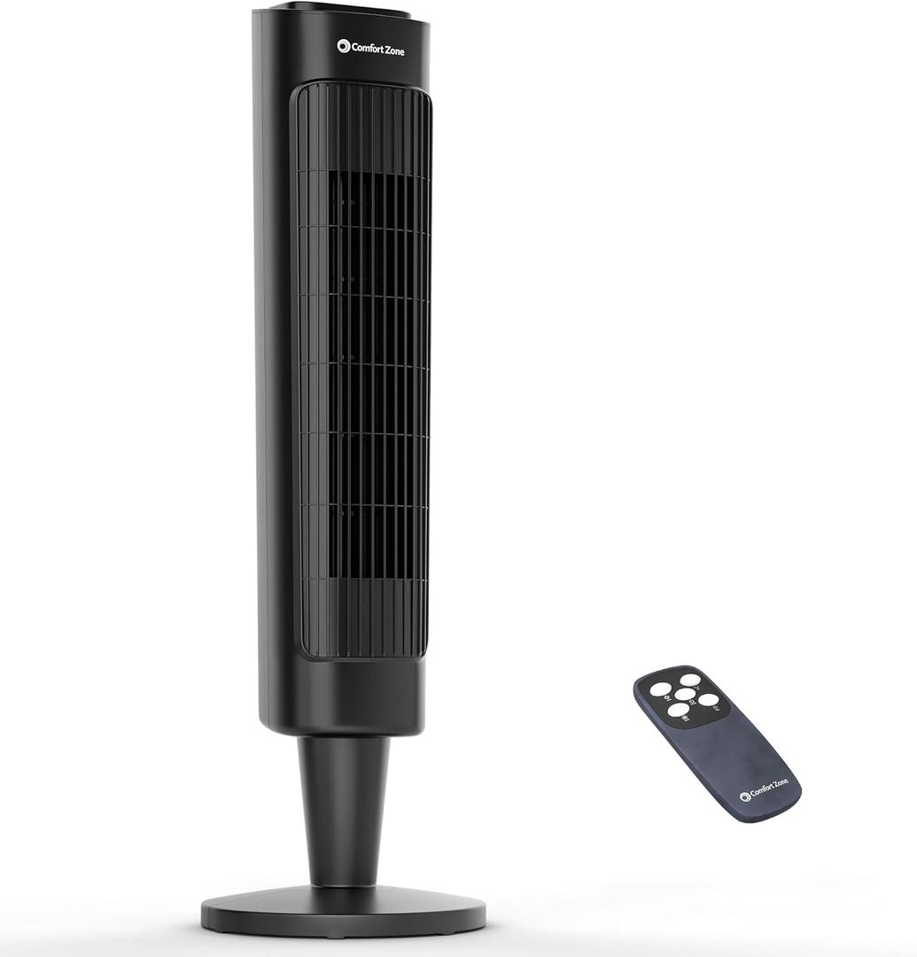 Comfort Zone 36-Inch Oscillating Tower Fan with Remote Control Quiet Cooling Fan for Bedroom and Office, 3 Speeds & 3 Modes (Normal, Natural, Sleep), 12-Hour Timer, Space-Saving Design, Black