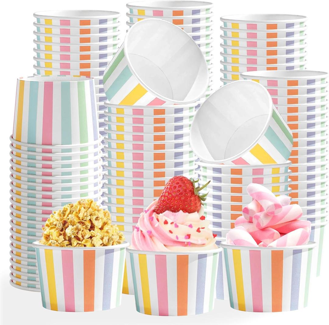 120 Pcs Striped Ice Cream Cups 12 oz Disposable Colorful Rainbow Stripe Paper Dessert Snack Bowl Pastel Food Yogurt Cup Container for Carnival Birthday Baby Shower Summer Party Supplies