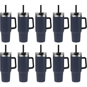 10 Ct of 40 Oz Intrepid Stainless Steel Tumbler with Lid, Straw & Handle  Navy Blue  Customizable Insulated Cups for Water, Coffee, Hot & Iced Drinks  Great for DIY, Events, Work
