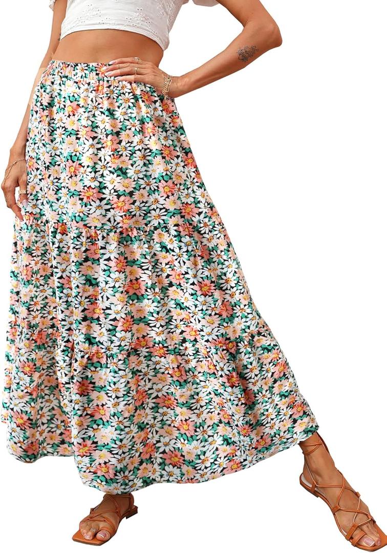 KIRUNDO Women's 2025 Fall High Waist Boho Floral Maxi Skirt Trendy Casual Flowy Swing Pleated A Line Beach Long Skirts, S