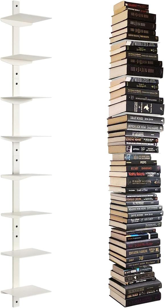 Floating Book Shelves for Wall, 8 Tier Invisible Floating Bookshelf, Vertical Spine Book Tower, Wall Mounted & Space Saving, Heavy Duty Metal Book Organizer for Home Office, 4 Pack White
