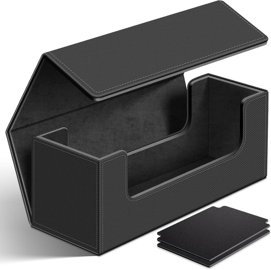 Homthy 600 Card Deck Case for Trading, Leather Magnetic Closure Commander Storage Box Fit for Sports, Game, Standard Cards (Black)