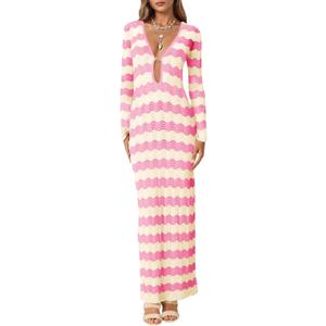 Saodimallsu Womens Crochet Summer Maxi Dress Striped Sexy Cut Out V Neck Long Sleeve Knit Cover Up Beach Dresses (M)