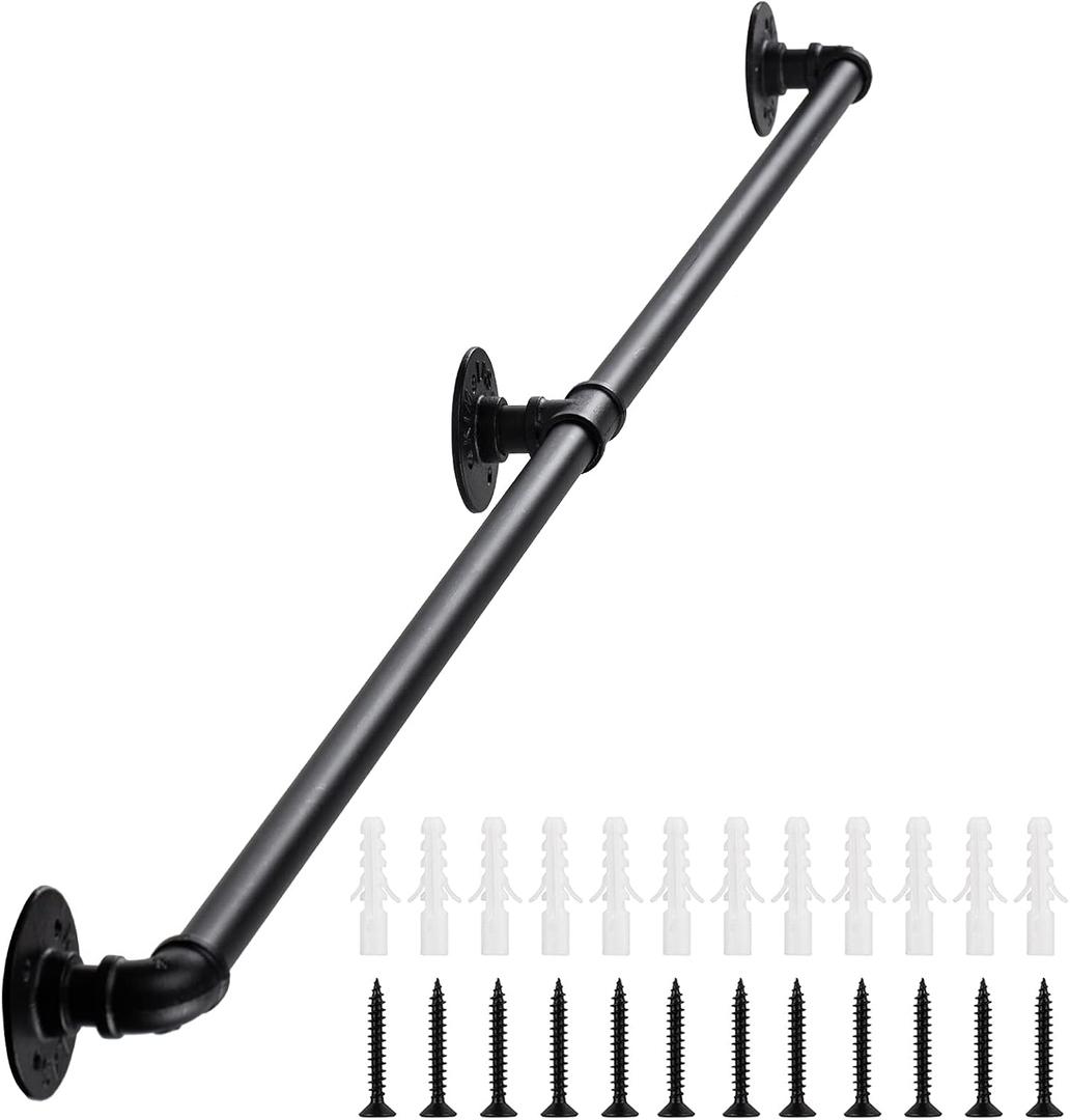 Handrail for Indoor Stairs - 5 Feet Wall Mount Industrial Iron Pipe - Metal Railing Non-Slip Grab Bar - Stairs Porch Deck Hand Rail Matte Black