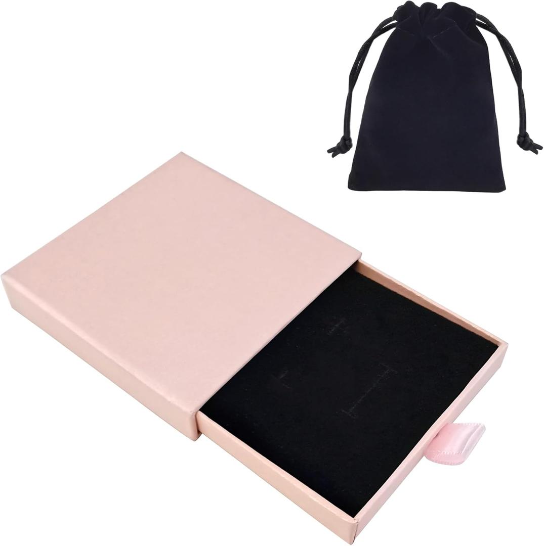 Quacc Small Jewelry Gift Box and Velvet Bag, Necklace Bracelet Earring Cardboard Organizer Square Jewellery Gift Box Pendent Storage Case for Birthday Xmas Christmas Wrapping (Pink)