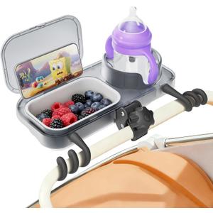 btrfe Universal Stroller Snack Tray, 3-in-1 Cup Holder Tray with Clamp & Silicone Arms Grip & Detachable Silicone Tray, Stroller Tray Attachment for Toddler & Kids, Snacking On The Go