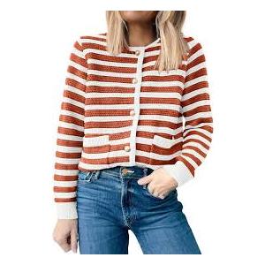 ANRABESS Womens Cardigan Sweater Long Sleeve Button Down Lady Tweed Knit Jackets 2025 Fall Outfits White Orange Strip X-Large