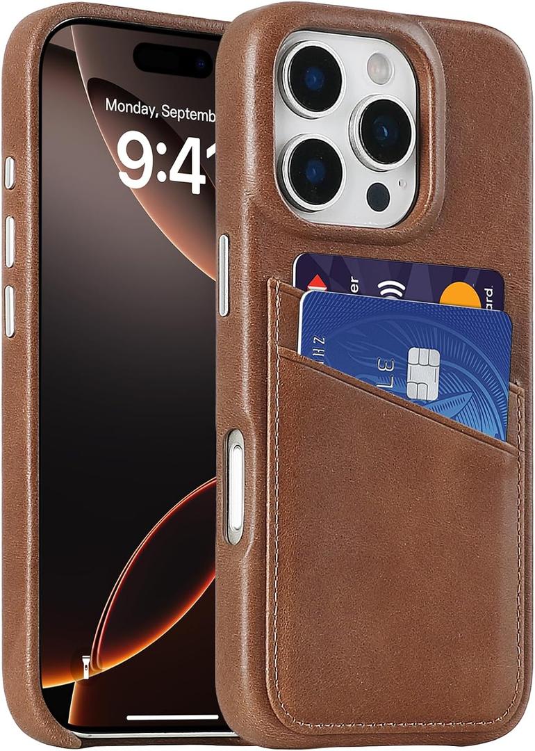 LUCKYCOIN Genuine Leather Wallet Phone Case for iPhone 16 Pro, Phone Purse with 2 Credit Card Holder, Compatible with iPhone 16 Pro, Metal Button Bumper Protective Shockproof Cover Dark Brown