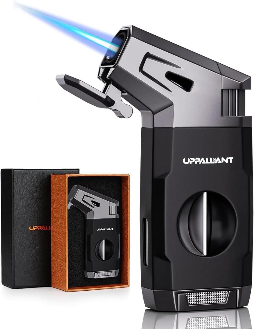 Torch Lighter with Windproof Jet Flame, Built-in V Cutter, Box for Christmas, Refillable Butane Torch Lighters, All-in-one Cool Lighters for Candle, Travel (Black)