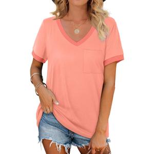 Geifa Womens T Shirts Short Sleeve V Neck Loose Casual Summer Tops with Pocket (X-Large, Coral)