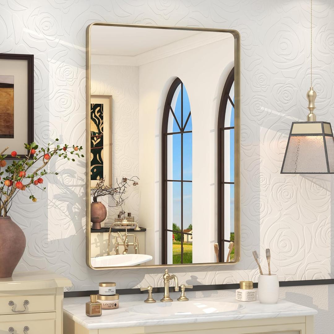 24x36 Inch Gold Framed Bathroom Mirror, Brushed Gold Metal Vanity Mirror, Gold Rectangle Mirror for Wall, Rounded Corner, Tempered Glass, Anti-Rust, Shatterproof (Horizontal/Vertical)