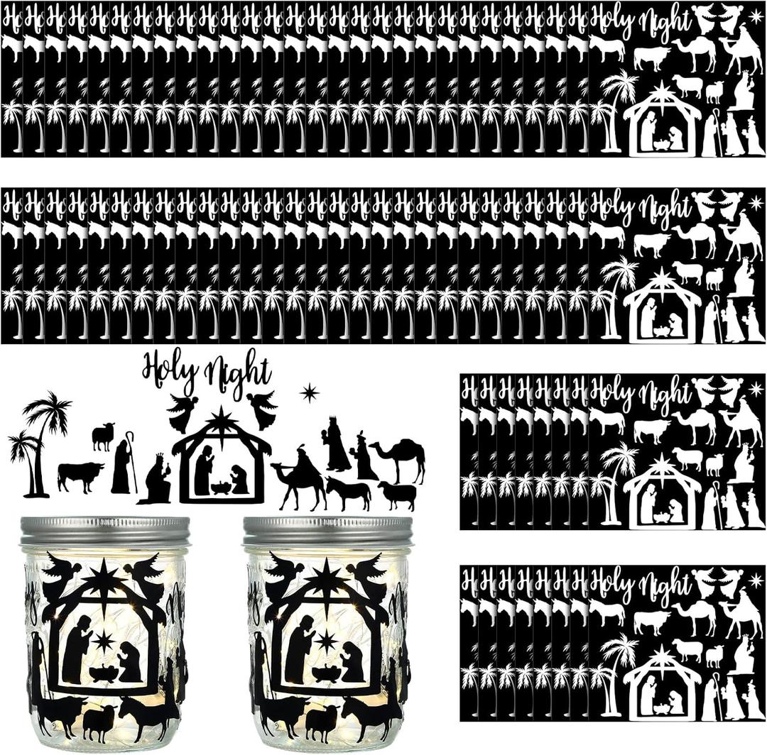 Nezyo 60 Sheet Nativity Scene Stickers Christmas Religious Jesus Mason Jar Decals Holy Night Fairy Stickers Nativity Silhouette Craft Waterproof Vinyl Adhesive Reusable Window Clings for Party Black