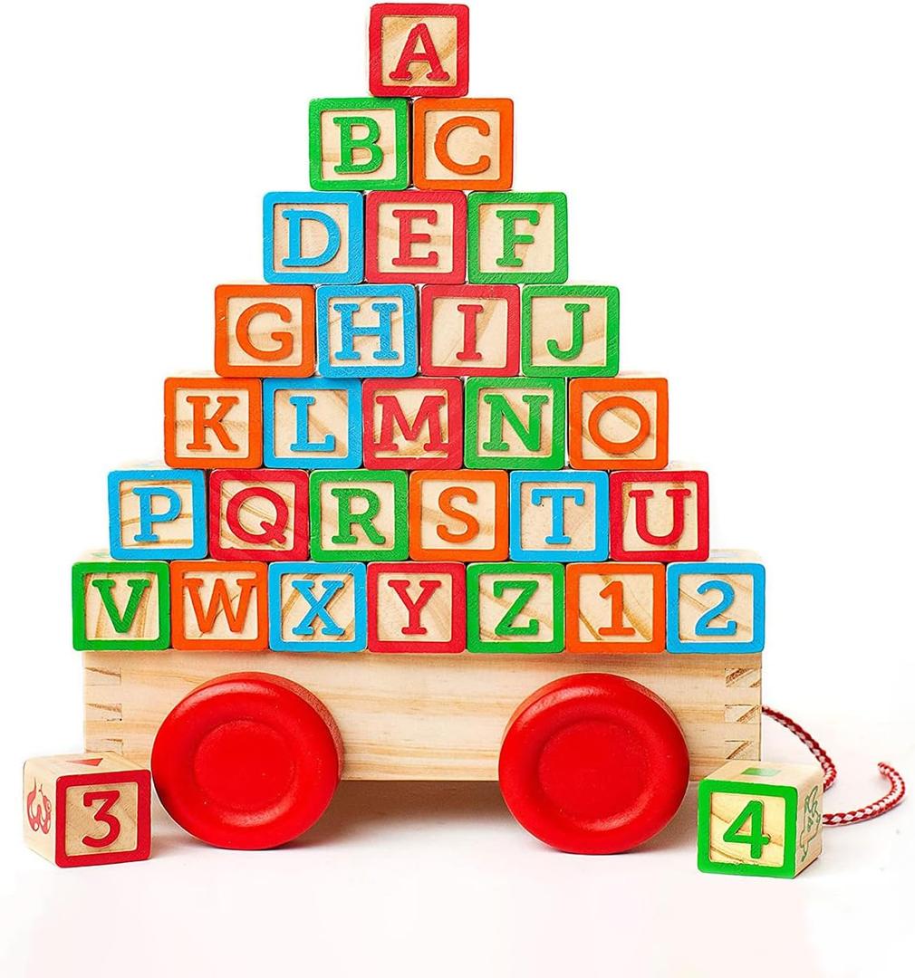 Oaktown Supply Building Blocks for Toddlers 1-3 Years Old, 30 Large Stackable Wooden Baby Blocks with Alphabet and Number Icons on Every Side, Toy Wagon Included