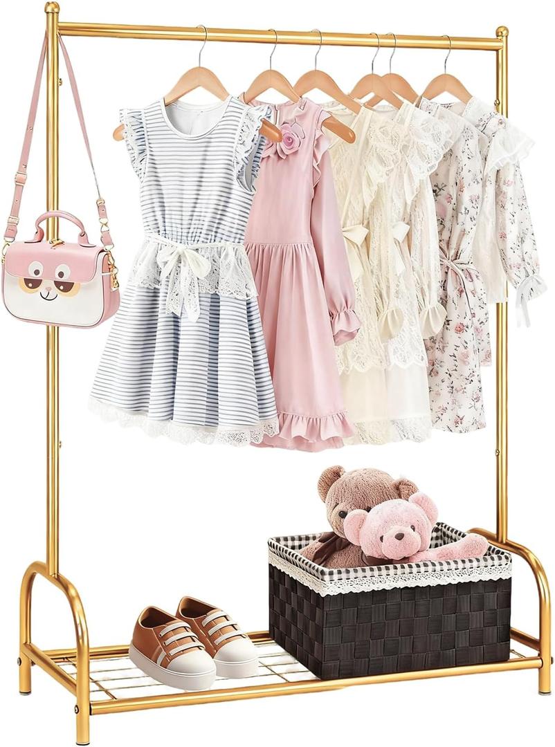 Baby Clothes Organizer, Kids Dress Up Storage Rack, Small Clothes Rack with Metal Storage Shelf, Kids Closet Organizers, Baby Closet (Gold)