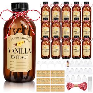 16Pcs 8 oz Amber Glass Bottle Boston Round Bottles for Vanilla Extract Homemade,Brown Vanilla Extract Bottles with Caps for Syrup Gift Glass Food Storage Canister and Sauce Beans (Large)