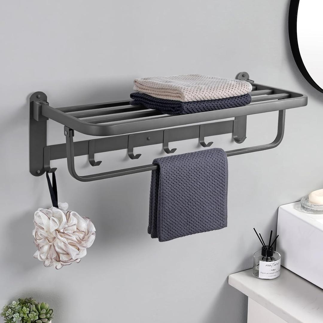 JiGiU Towel Rail 23.6 Inch Bathroom Towel Storage Wall Mounted with Towel Bar & 6 Hooks Foldable Towel Holder Stainless Steel Rustproof Towel Shelves for Home Bathroom Shower Kitchen