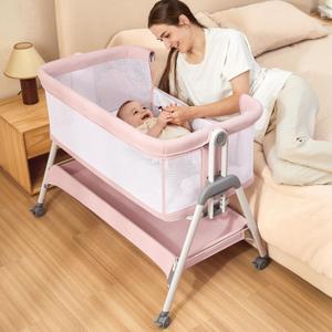 ANGELBLISS Baby Bassinet Bedside Sleeper, Easy Folding Portable Bassinet for Baby Girl with Wheels, Adjustable Height, Included Mattress (Pink)