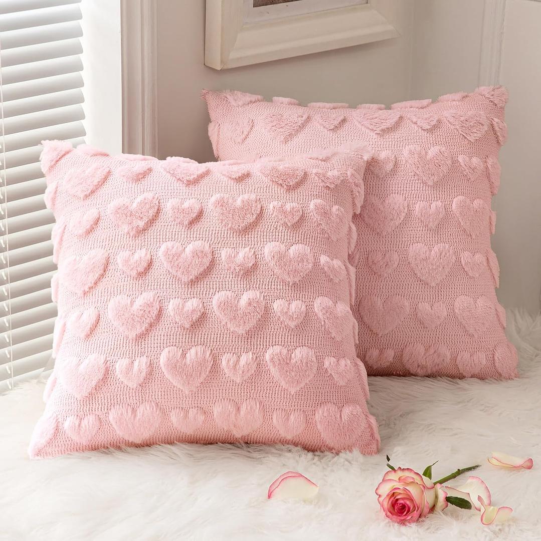 MIULEE Valentines Pillow Covers 20x20 Inch Set of 2 Valentines Day Pink Heart Love Decorative Cute Soft Plush Faux Fur Throw Pillows for Girl Couch Sofa Bedroom Holiday Home Decor