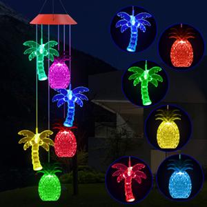 Solawindchime Coconut Tree Pineapple Wind Chimes Gifts for Women, Color Changing Solar Wind Chime Outdoor Waterproof Solar Lights, Romantic Coconut Pineapple Solar Powered Wind Chime Garden Decoration