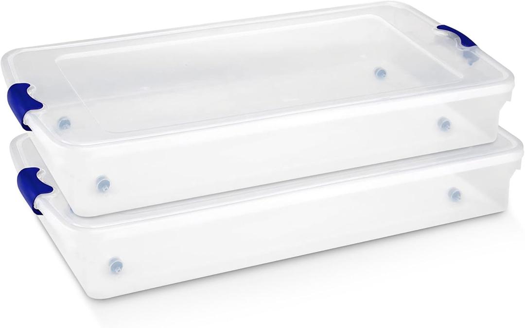 HOMZ 2-Pack Under Bed Storage, Clear Plastic Containers with Lids, 60 Quart, Blue Latch - Stackable Underbed Organizer Bins for Shoes, Bags, Clothes, and Towels