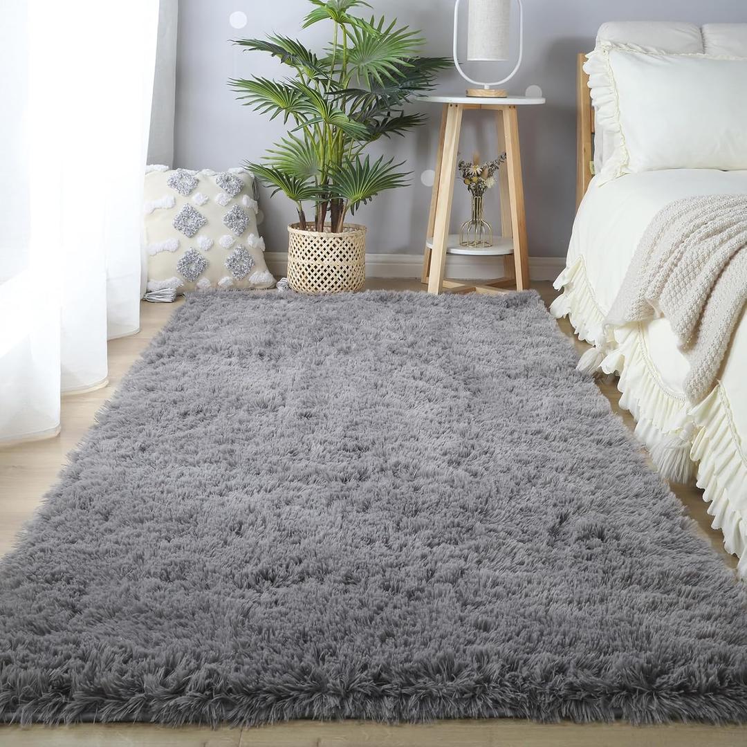 Grey Shag Rugs for Bedroom 5x7: Soft Shag Plush Area Rug for Living Room - Fuzzy Modern Gray Non-Skid Shaggy Carpet for Boys Kids Playroom Dorm