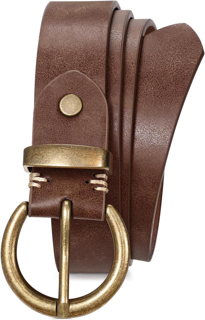 JASGOOD Women Leather Belt for Jeans Pants Vintage PU Leather Belt Solid Brass Circle Buckle for Ladies (Fit Waist Size 26''-30'', Coffee)