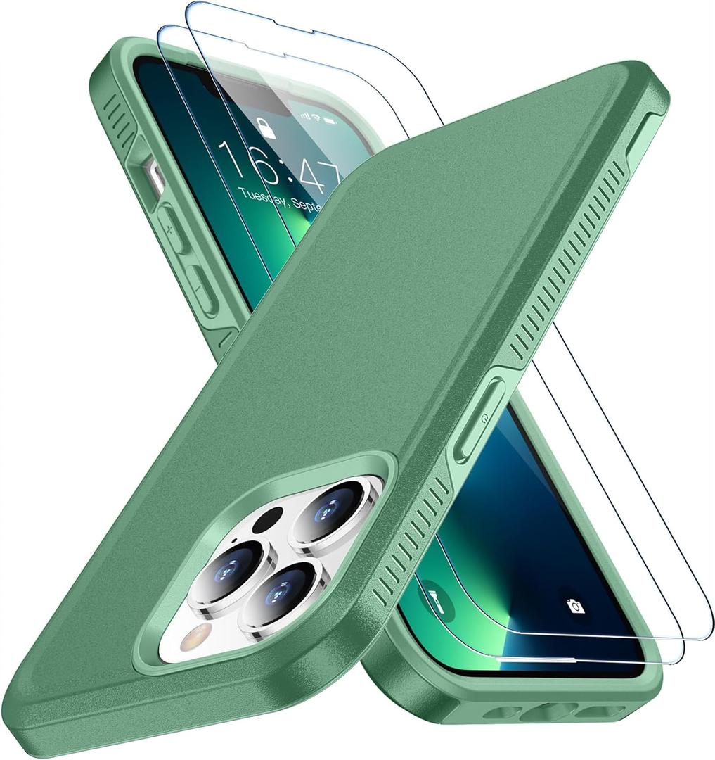 SPIDERCASE Designed for iPhone 13 Pro Case, [10 FT Military Grade Drop Protection] [with 2 pcs Tempered Glass Screen Protector] Cover for iPhone 13 Pro 6.1 inch (Pine Green)