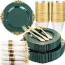 Nervure 175PCS Green Plastic Plates - Disposable Green Gold Party Plates & Pre Rolled Napkins with Cutlery for 25 Guests, 50Plates, 75Silverware, 25Cups, 25Napkin for Wedding & Party & St Patricks Day