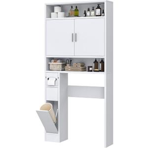 Bathroom Storage Over the Toilet, Bathroom Cabinet with Adjustable Shelves, Double Doors, and Tissue Box Holder (White)