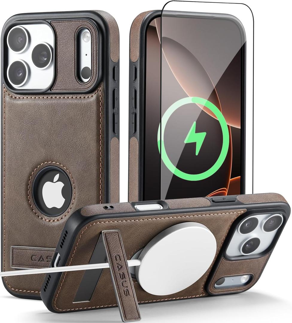 Casus Designed for iPhone 17 Pro Max Case with MagSafe, Slim Kickstand Vegan Leather Protective Cover with Tempered Glass Screen Protector, 6.9 Inch (2025), Gray