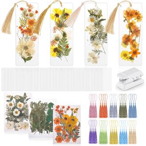 Fuyoooo 376 Pcs Dried Flower Bookmark Making Kit, DIY Bookmark Laminating Pouches with Tassels and Puncher DIY Project Gifts for Mother's Day Women Book Lovers (Light Colors,2 x 6 Inch)