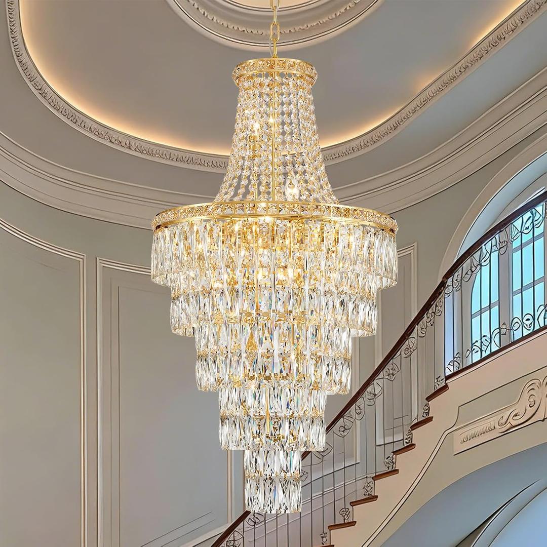 HUANXISHA Gold Crystal Chandeliers 13 Lights Luxury Modern Chandelier for High Ceilings Large Pendant Light Fixture Foyer Staircase Hallway Entryway Living Room Hall Lobby 40" H x 21.7" D