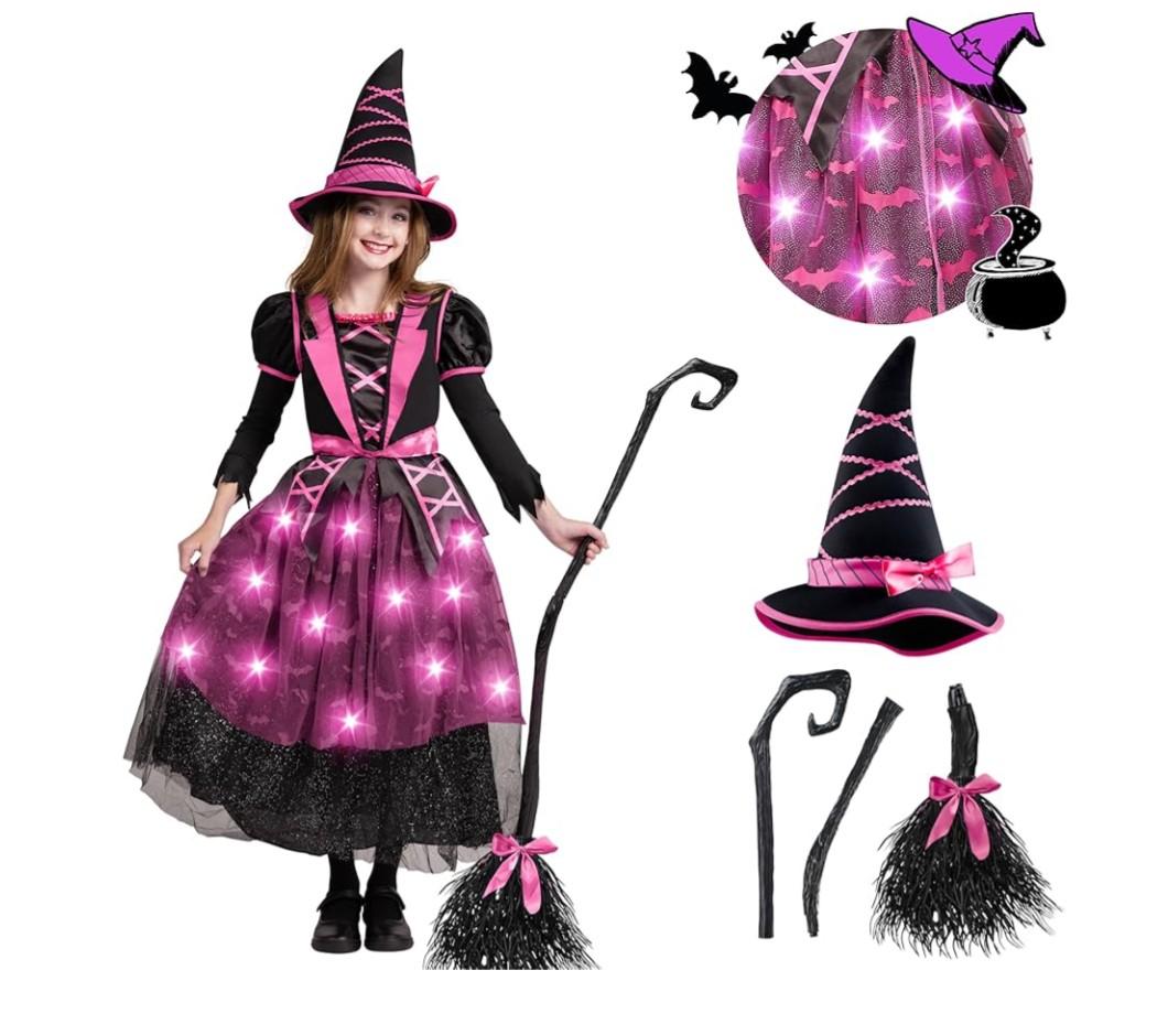 Spooktacular Creations Halloween Witch Costume Kids, Light Up Witch Dress with Hat and Broom for Girls, Toddlers Bat Outfit Set for Halloween Costumes Role Play Parties, Pink (Large(10-12 yrs)