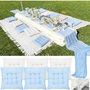 Extra Large Outdoor Picnic Blanket with Table Runner and Floor Pillow Cushion for Picnic Wedding Birthday Baby Shower Backyard Decor(91 x 71'',Light Blue,White,8 Pcs)