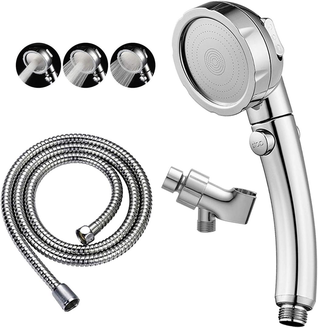 KAIYING Chrome High Pressure Handheld Shower Head with ON/OFF Pause Switch, 3 Spray Modes Shower Wand with Shut Off Button, Removable Camper Shower Head with Hose and Adjustable Angle Bracket