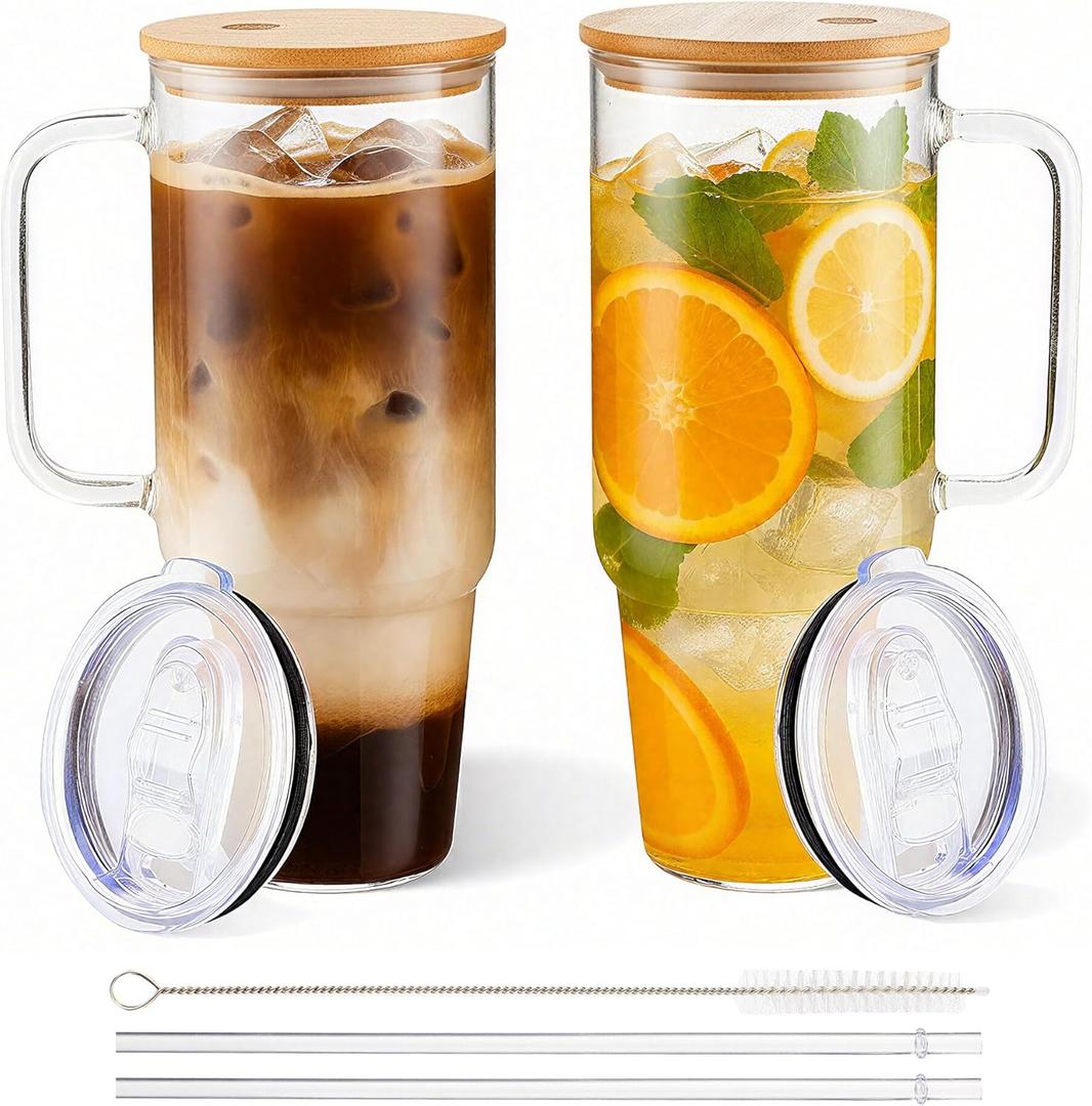BGRAING Glass Cups with Lids and Straws 2 Pack 40 oz Glass Tumbler with Handle Large Glasses Tumbler with Straw and Lid, with Bamboo Lid & Plastic Lid, for Smoothie, Coffee, Juice, Tea